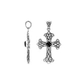Black onyx  cross pendant in sterling silver with handcrafted Balinese silverwork, spiritual artisan jewelry.